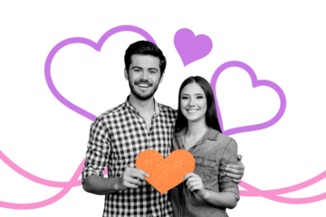 Creative picture collage young man woman couple lovers heart valentine day honeymoon anniversary holiday celebration lovers