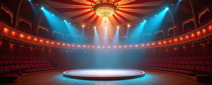 Grand ornate circus tent interior, spotlight illuminates center ring. Majestic red, white striped ceiling with opulent chandelier. Red velvet seats surround performance arena. Dramatic blue, orange