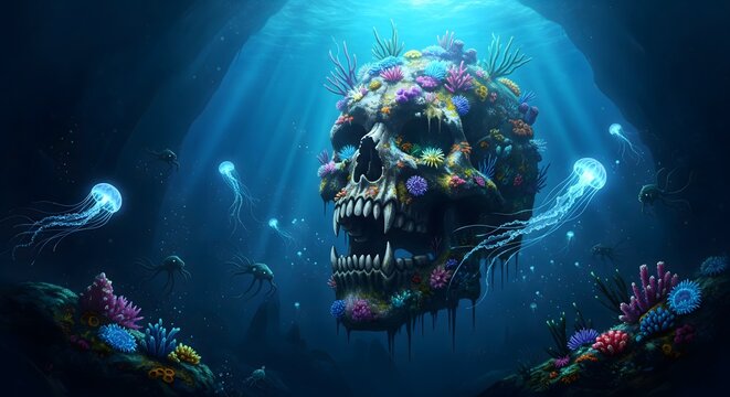 A terrifying monster skull covered in a vibrant living coral reef rests in the deep dark ocean surrounded by luminous jellyfish