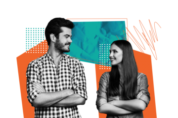 Composite photo collage of happy girl guy love couple bonding stand crossed hands affection sympathy isolated on painted background