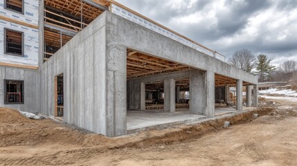 Fototapeta premium Modern construction site showcasing concrete framework and architectural design under cloudy sky