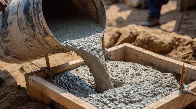 Concrete Mixing Process for Construction Project with Freshly Poured Cement into Wooden Frame on Building Site