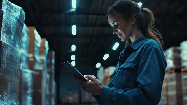 Woman wearing dark uniform, looking at cell phone with focus, standing amidst stacked boxes, artificial lighting in industrial setting.