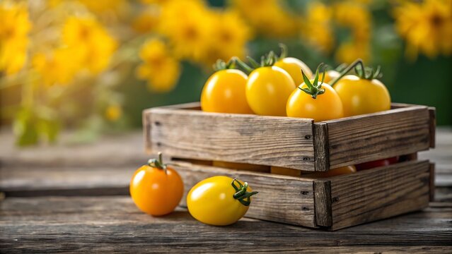 Fresh yellow cherry tomatoes in wooden box with flowers on table in sunlight
 - Powered by Adobe