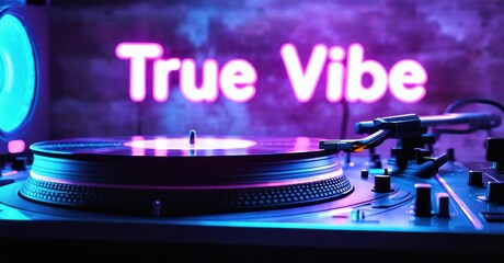 Turntable setup glows vibrant purple, blue. True Vibe neon sign illuminates background. Music, nightlife aesthetic present.