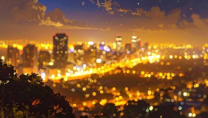 Fototapeta premium Night Panorama of Illuminated Cityscape with Bokeh Lights from Hilltop View Point Under Starry Sky