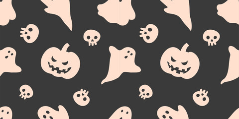 Fototapeta premium Seamless Halloween pattern with smiling pumpkins and floating ghosts on a black background. Fun and spooky design for seasonal decorations, party invitations, and crafts.