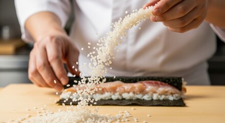 Close-up of chef's hands sprinkling rice onto nori-wrapped fish and rice, preparing sushi rolls. Focus on the meticulous culinary process