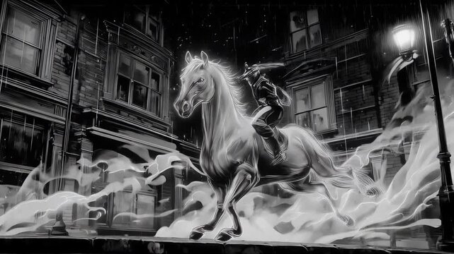 Ethereal horse and rider illustration in black and white, city street scene fantasy art style