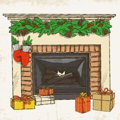 Hand-drawn illustration of a fireplace decorated with Christmas accessories and gifts.