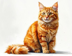 Fototapeta premium Orange Striped Cat Sitting Posing on Clean White Background Pet Portraiture Animal Companionship Domestic Feline Sharp Focus Bright Light Detail Furry Friend