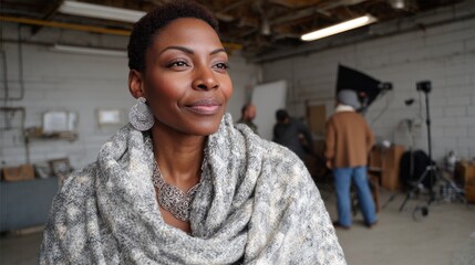 Woman poses confidently in cozy scarf during a creative photoshoot in an industrial studio setting with a vibrant team working in the background