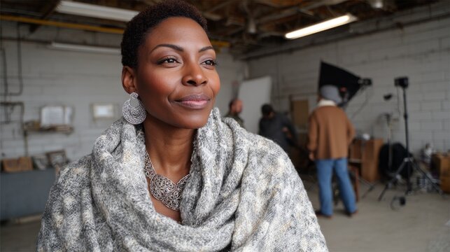 Woman poses confidently in cozy scarf during a creative photoshoot in an industrial studio setting with a vibrant team working in the background