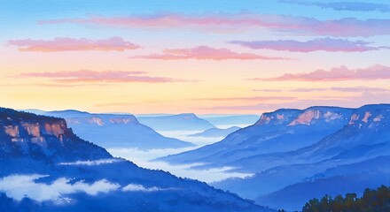 Elegant watercolor landscape of sunrise over forested hills and distant peaks&mdash;ideal for wall art, nature-themed prints, or meditative design