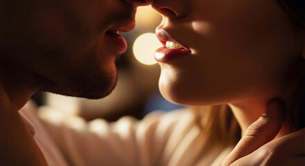 Close up silhouette of face of sensual portrait of sexy couple hugging during date. Young couple in love. Gorgeous couple spending time together. Sensual couple in tender passion