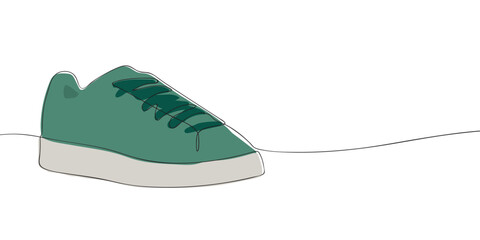 Minimalist continuous line drawing of a green sneaker with white sole. Outline illustration for casual fashion, streetwear, sportswear, and footwear design projects