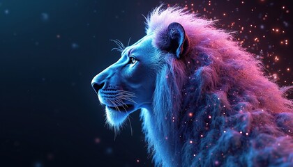 Abstract digital lion illustration in low poly wireframe style. Features glowing blue, pink hues with connected dots, particles. Represents technology, wild concepts in futuristic, cybernetic design.