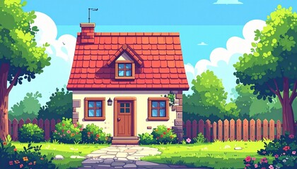 Idyllic dream home illustration of a cozy stone cottage with a red roof nestled in a beautiful green countryside garden