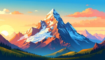 Colorful digital illustration of a majestic mountain peak basking in the warm golden light of a spectacular sunrise or sunset