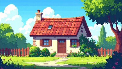 Charming Country Cottage A Sunny Escape Amidst Lush Greenery and Blue Skies