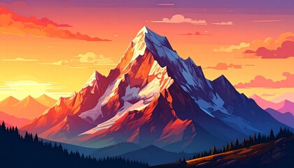 Majestic snow-capped mountain peak illuminated by a vibrant golden hour sunset sky, a serene and beautiful alpine landscape illustration