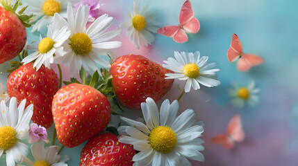 Strawberries and daisies with butterflies on pastel pink background