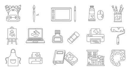 Fototapeta premium Line art illustration featuring various art supplies and tools, including a backpack, paintbrush, tablet, paint tube, laptop, and easel.
