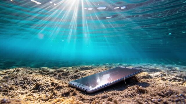 Smartphone underwater on seabed, lost mobile phone sinking in clear ocean water, digital device submerged with sun rays, technology accident concept, damaged gadget in sea environment, lost item recov