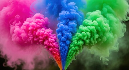 Three plumes of vibrant, multicolored smoke ascend, creating a visually striking and abstract display against a dark background