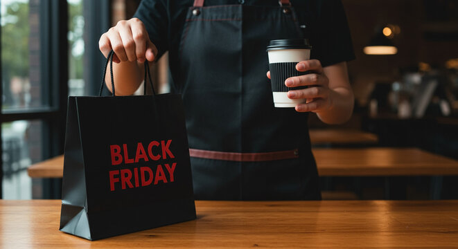 Barista holding Black Friday shopping bag and coffee cup in coffee shop, retail promotion concept
