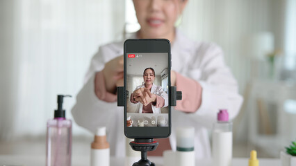 Asia woman people anti aging expert modern health vlogger live advice talk selfie video mobile...