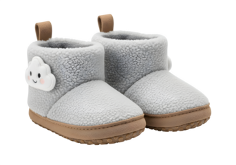 A pair of cozy gray baby booties isolated on transparent background, featuring a soft, plush texture and adorable cloud embellishments for ultimate comfort