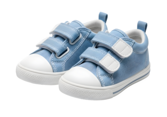 A pair of light blue baby sneakers isolated on transparent background, featuring a stylish design with velcro straps, perfect for infants and toddlers