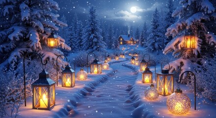 A snowy path, lit by glowing lanterns, leads to a cozy cabin in a moonlit winter wonderland