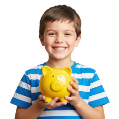 Smiling boy holding a yellow piggy bank promoting savings and financial literacy transparent background