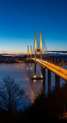 A stunning cable-stayed bridge spanning a tranquil waterway at twilight, illuminated by vibrant city lights.
