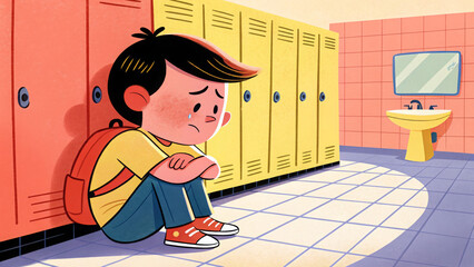 flat design cartoon of sad boy with backpack crying in school hallway next to lockers for websites or blogs about bullying,mental health, childhood,school struggles,or loneliness
