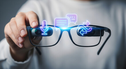 Closeup of smart glasses held by a person, displaying icons for microphone, chat bubbles, and data flow, representing augmented reality communication