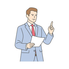 Cartoon illustration of professional businessman in a suit giving a presentation with paper notes