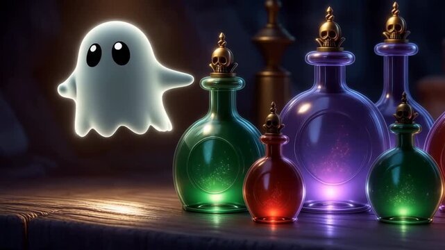 Friendly ghost floating near magic potions bottles on a table. Media