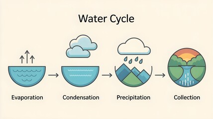 Illustration of the water cycle: evaporation, condensation, precipitation, collection.