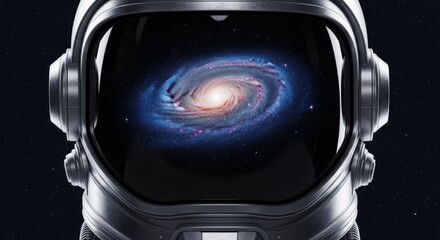 A close-up of an astronaut's helmet reflecting a vibrant, swirling galaxy. Stars freckle the background. Metallic details