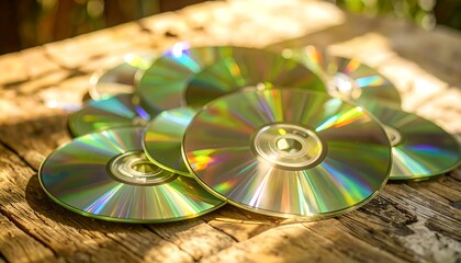 CDs stacked on wooden table