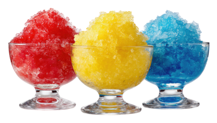 Three colorful shaved ice treats in small glass bowls