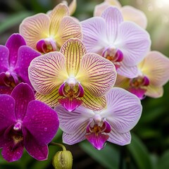 Close-up view of vibrant, colorful orchids in a variety of shades, displaying intricate patterns and delicate textures.