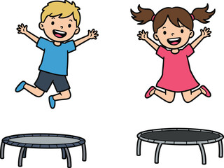 Happy kids jumping on trampoline, cartoon boy and girl playing together, childhood fun, outdoor activity, exercise, bouncing game, friendship, excitement