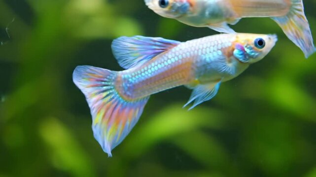 Two colorful gula cira fish swimming gracefully in a clear aquarium tank surrounded by decorative plants and gravel