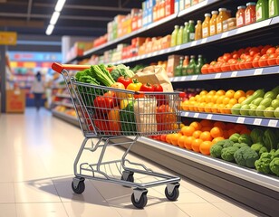 A shopping cart filled with fresh produce stands in a grocery store aisle stocked with colorful fruits, vegetables, and other food items.