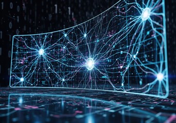 Futuristic visualization of a glowing neural network on a digital screen, representing artificial intelligence. Abstract concept of a deep learning model with glowing neurons in cyberspace.