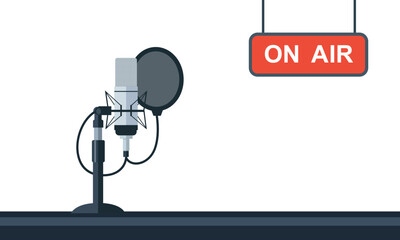 Professional studio microphone with pop filter and on air sign for podcast recording and broadcast